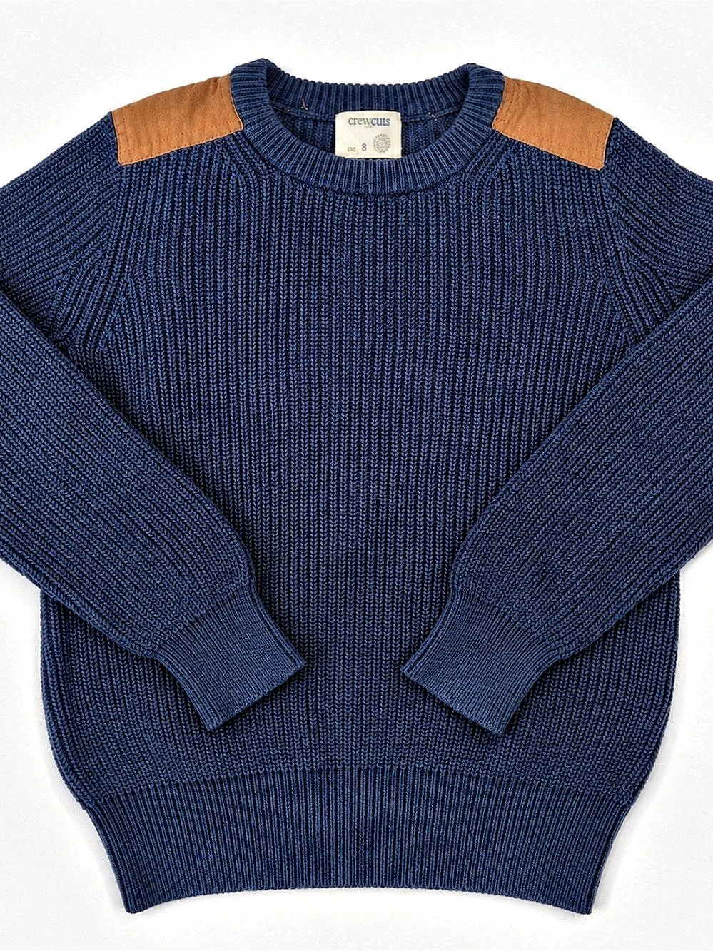 Crewcuts J.Crew Boys Size 8 Navy Ribbed Sweater Brown Shoulder Patches